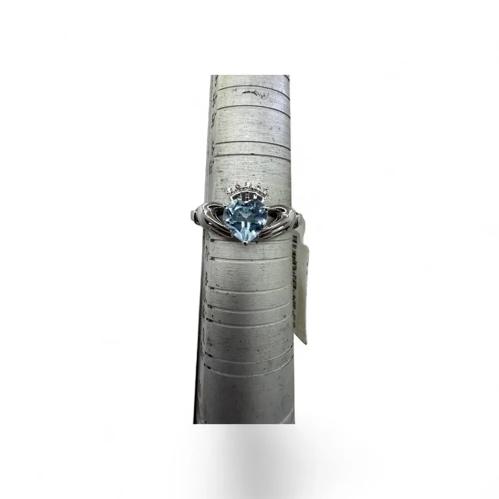 Blue Topaz Diamond Claddagh Ring 925 Sterling Silver Size 7 Love Loyalty Crown